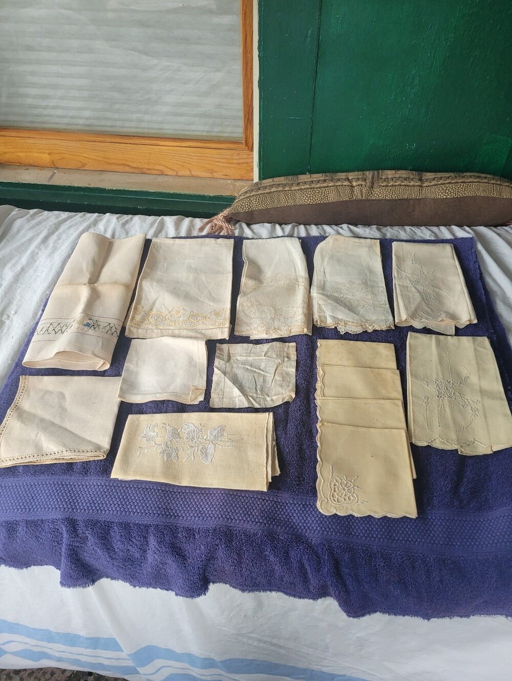 Source Unknown Cream and Blue Vintage Embroidered Table Linens Lot
